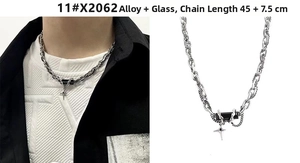 Detailed view of heavy alloy chain necklace with black glass and star pendant charm