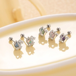 Saturn-shaped titanium steel stud earrings with colorful zircons and screw back