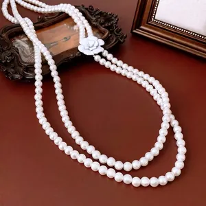 French Vintage Multi Layer Necklace With White Camellia Flower Imitation Artificial Pearl Glass Alloy Long Elegant Jewelry Women