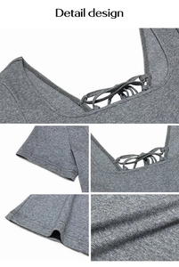 Dettagli del collo a U con lacci incrociati e trama in maglia a coste del vestito grigio