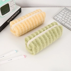 Plush plaid pencil case with large capacity in soft yellow and green lamb wool fabric