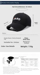 Size guide for embroidered baseball cap featuring measurements for brim, depth, and circumference