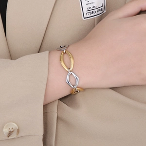 Detail of two-tone gold and silver oval link chain bracelet on a wrist against a blazer