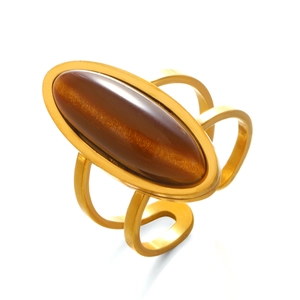 Fashionable gold stainless steel ring featuring a geometric oval tiger eye stone inlay