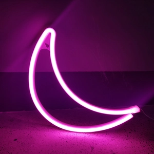 Pink LED moon neon sign for wall decor featuring a hanging hole and warm glow effect