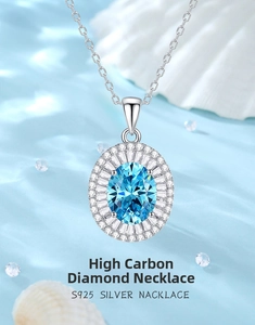 Detail of S925 silver necklace with oval blue diamond pendant on water ripple background