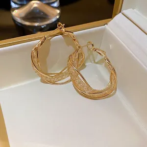 Macro shot of gold-plated twisted hoop earrings with glitter texture in a jewelry box