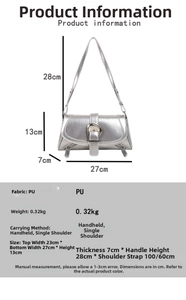 Detailed size chart for minimalist PU leather shoulder bag showing precise dimensions