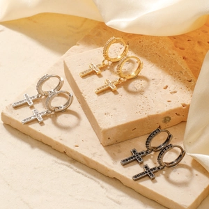 Cross Pendant Hoop Earrings Brass Cubic Zirconia Inlaid Gothic Punk Trendy Jewelry For Women