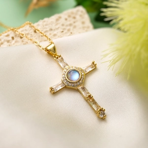 Minimalist 18K gold plated cross pendant necklace with central opal and zircon stones