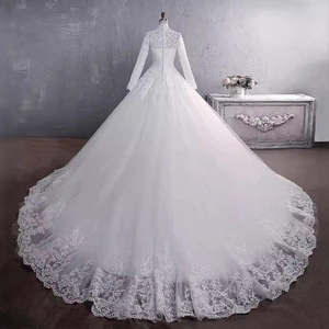 Elegant high neck long sleeve white lace wedding dress with cathedral train and button back