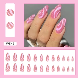 Mandel-Kunstnägel in Rosa mit Glitzer und Wellenmuster-Design, 24 Stück Set