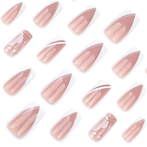 Long coffin fake nails with white V-shape French tips and 3D floral stripe designs
