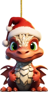 Détail d'un ornement de dinosaure rouge mignon avec un bonnet de Noël festif