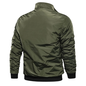 Men's olive green bomber jacket with black ribbed collar and cuffs, back view display