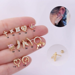 Stainless Steel Rod Copper Zircon Cartilage Stud Earrings Korean Fashion Helix Piercing Jewelry Tiny Shapes Screw Ball Back