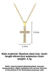 Detailed view of titanium steel cross pendant necklace with clear sparkling zircon stones