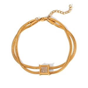 Golden double layer snake chain bracelet with square zircon gemstone and lobster clasp