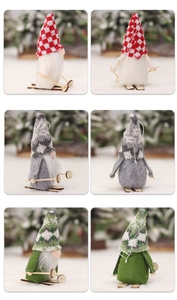 Detailed views of knitted Christmas gnome ski ornaments with wooden skis and hats