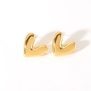 Polished 18K gold plated stainless steel heart stud earrings for women on white background