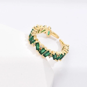 18K gold plated ring with emerald-cut green zircon and sparkling white stones
