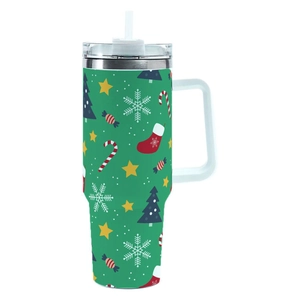 Christmas 40oz insulated tumbler with handle and straw featuring festive green patterns