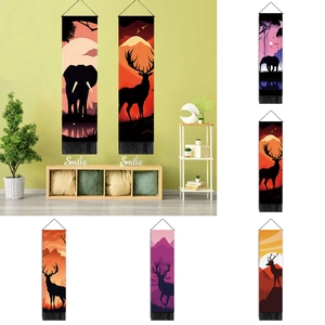 Nordic Wall Tapestry Elephant Deer Silhouette Polyester Cotton Fabric Hanging Painting With Tassels And Wood Rod Artistic Decor
