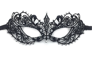 Close-up of black lace masquerade mask featuring intricate patterns and silver rhinestones