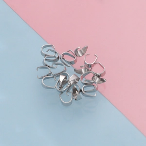 Detailed view of silver stainless steel pinch bails for DIY jewelry necklace making