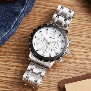Positif men's steel watch with white dial and polygonal bezel on dark wood background