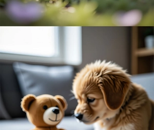 Brown plush teddy squeak toy sitting next to a cute golden retriever puppy at home