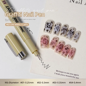 Detail of nail art graffiti pen with sample tips showing butterfly and rabbit patterns
