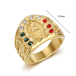 Detail of gold Virgin Mary ring with colorful zircons and 17.5mm inner diameter
