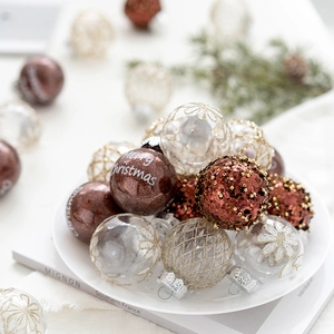 Set of luxury champagne and brown Christmas ornaments with intricate gold patterns