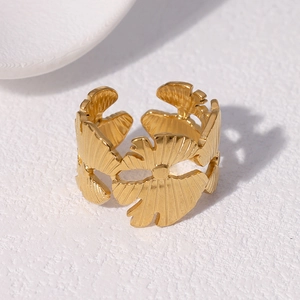 Elegant 18k gold plated ginkgo leaf stainless steel wide open ring for women