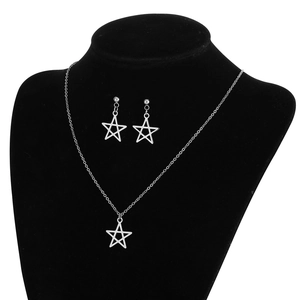 Detailed view of silver stainless steel cutout star necklace and matching stud earrings