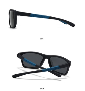 Detail view of sport polarized sunglasses showing side and back temples with blue accents