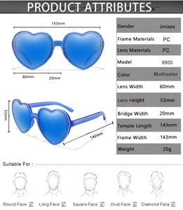 Stilvolle herzförmige Sonnenbrille mit Maßen, PC-Rahmen und leichtem Design für Damen.