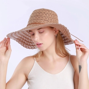 Women Wide Brim Sun Hat Lace Straw Breathable Foldable Beach Summer Sunshade Elegant Bow Belt Hollow Out