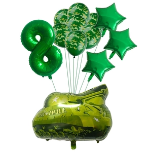 Detail of military birthday set with tank foil balloon, number 8, and camo latex balloons