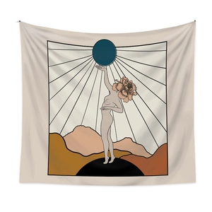 Artistic boho wall tapestry featuring surrealist line art and warm earth tones