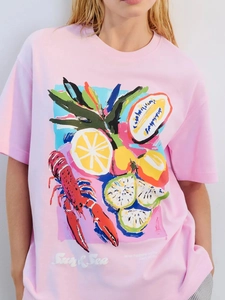 Γυναικείο Βαμβακερό T-Shirt Ροζ Κοντομάνικο Στρογγυλή Λαιμόκοψη Χαλαρή Γραμμή Τροπικό Τύπωμα Με Αστακό Και Φρούτα