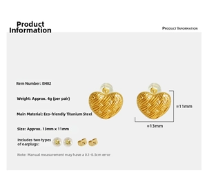 Detailed view of gold woven heart earrings with size specs and material info