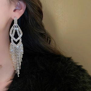 Detail shot of long silver tassel earrings with rhinestones on a model for gala wear