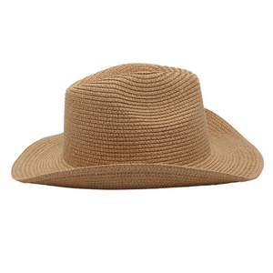 Detail of a brown woven straw Panama hat with a rolled brim and spiral texture