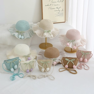 Girls summer straw sun hat and matching bag set with lace brim and tulip charms