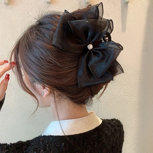 Large Black Mesh Bow Shark Hair Clip Elegant Lace Rhinestone Bowknot Hair Claw For Women High Skull Top Hairstyle