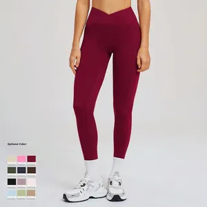 Legging de yoga bordeaux taille haute avec ceinture croisée disponible en 12 couleurs