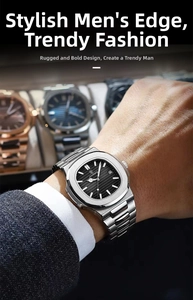 Detailed view of the octagonal brushed metal bezel and black textured dial on a men's watch