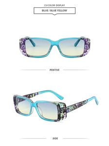 Front and side view of square sunglasses with blue frames and blue-yellow gradient lenses
